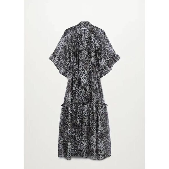 Mango Animal Print Long Ruffle Dress New - Picture 7 of 11